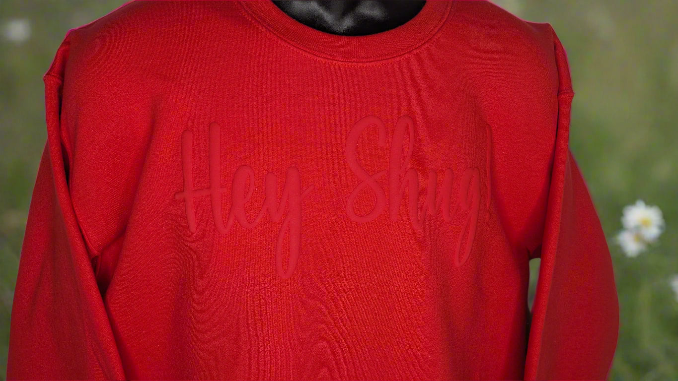 Gorgeous Red on Red Show Your Southern Attitude and Charm with Hey Shug! (R) Unisex Crew Neck Sweatshirt Crewneck Fabric - Top Drop Viral