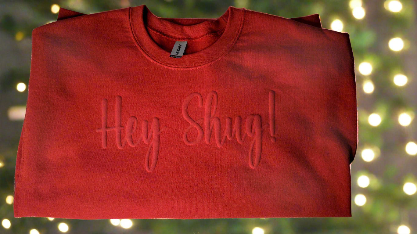 Gorgeous Red on Red Show Your Southern Attitude and Charm with Hey Shug! (R) Unisex Crew Neck Sweatshirt Crewneck Fabric - Top Drop Viral