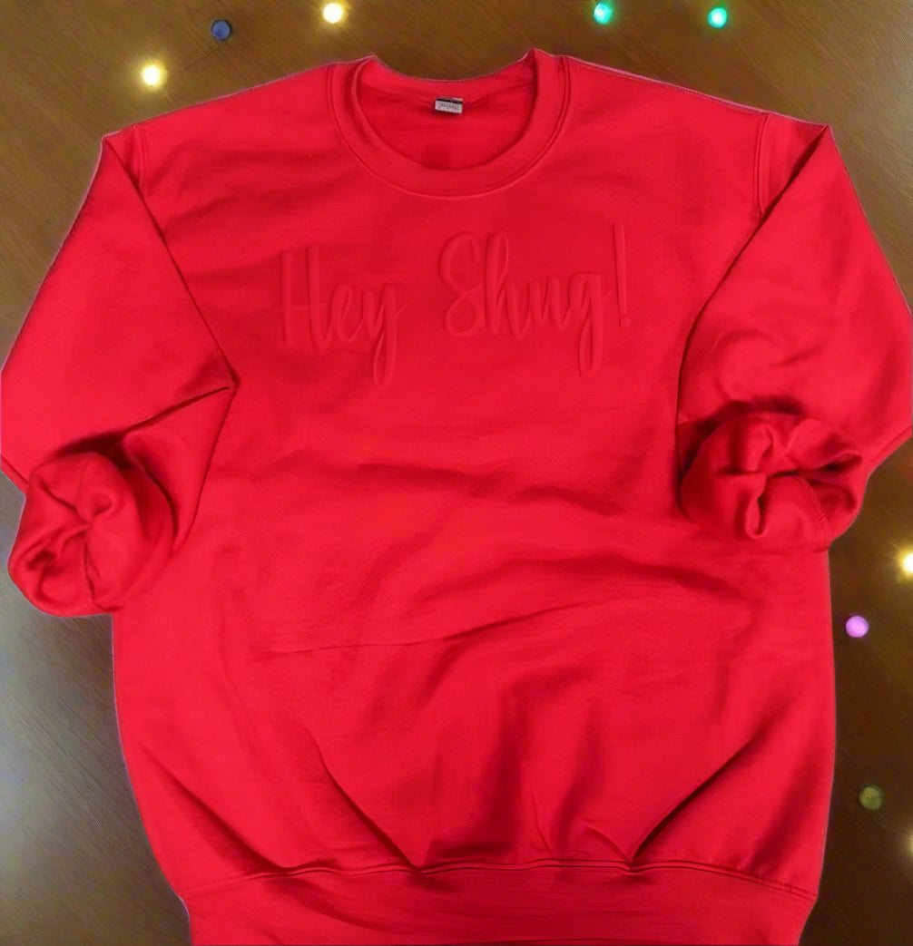 Gorgeous Red on Red Show Your Southern Attitude and Charm with Hey Shug! (R) Unisex Crew Neck Sweatshirt Crewneck Fabric - Top Drop Viral