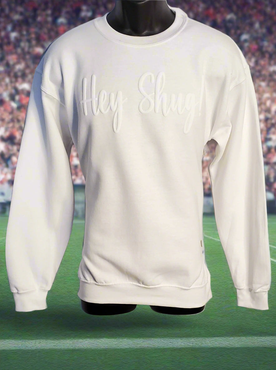 Classic White! Tone on Tone Puff Hey Shug! (R) Unisex Crew Neck Sweatshirt Crewneck Fabric - Top Drop Viral