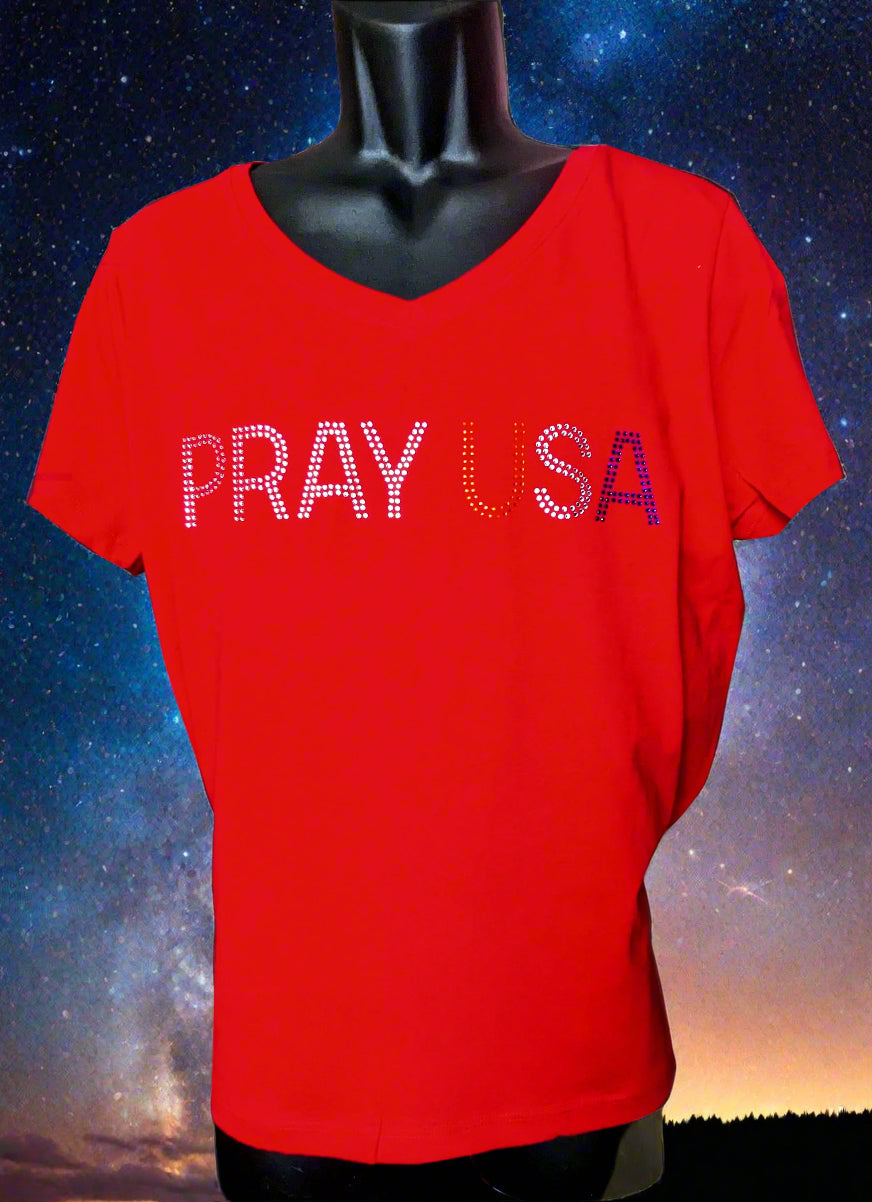 PRAY USA BEAUTIFUL RHINESTONE T SHIRT The Best thing you can do to show up for our Country - Top Drop Viral
