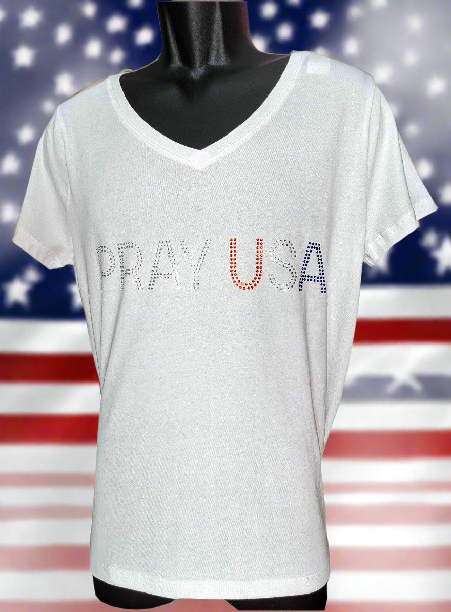 PRAY USA BEAUTIFUL RHINESTONE T SHIRT The Best thing you can do to show up for our Country - Top Drop Viral